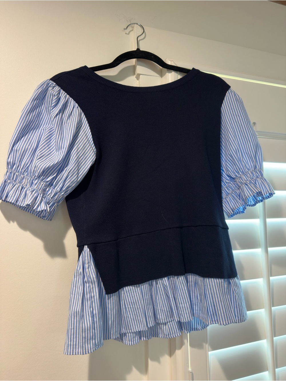 Anthropologie Navy Top with Light Blue Striped Puff Sleeves